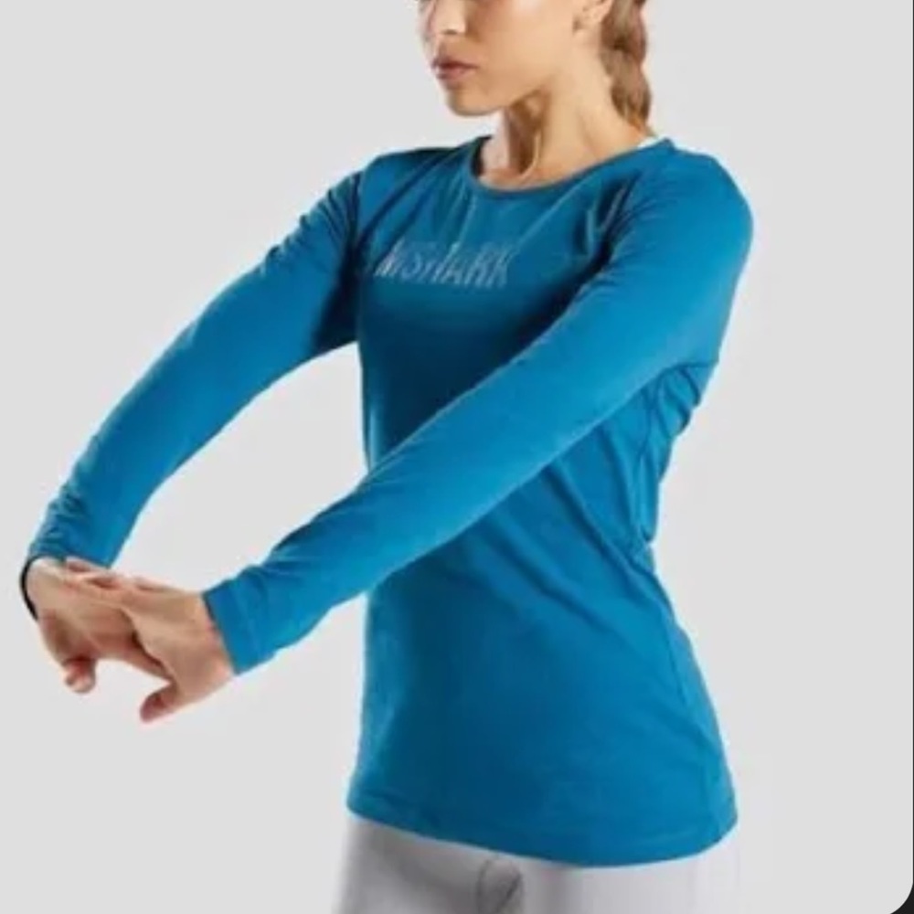 GYMSHARK L/S Crew Neck Pullover Logo Tee T Shirt S Small Petrol Blue EUC $30